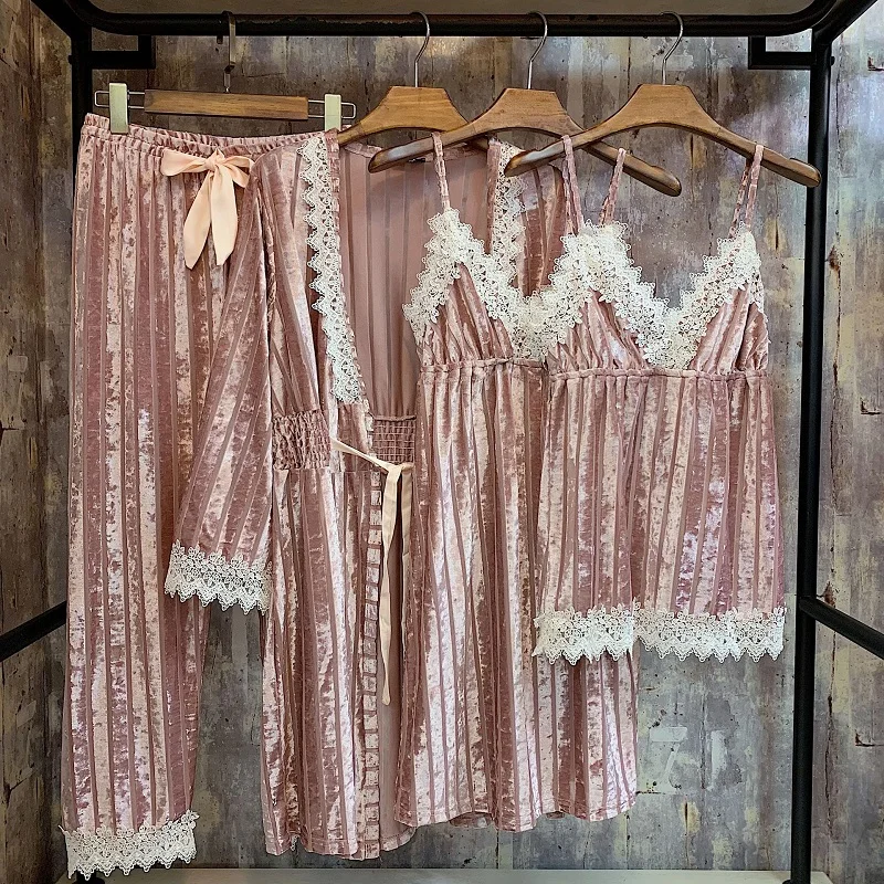 Яркие бархатные модные мягкие женские пижамные комплекты из 4 предметов на осень и зиму, винтажные сексуальные комплекты халатов, элегантные женские пижамные костюмы - Цвет: Розовый