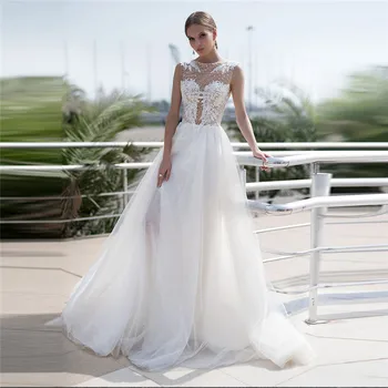 

O Neck Beaded Tulle Wedding Dress White Ivory O Neck Sleeveless Bridal Dresses Lace Wedding Gown Vestido De Noiva 2020