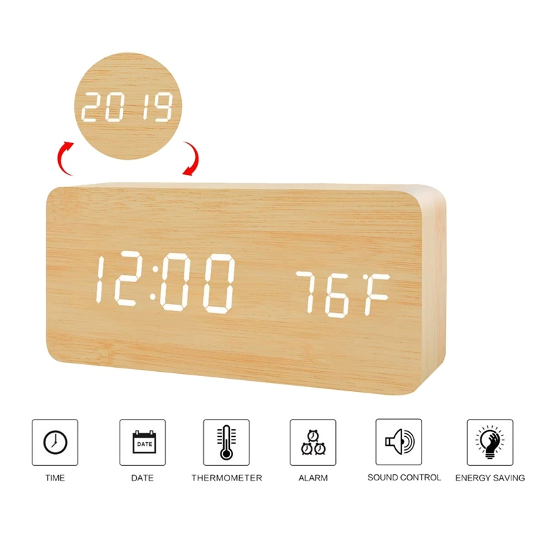 Digital Alarm Clock, Adjustable Brightness Voice Control Desk Wooden Alarm Clock, Large Display Time Temperature/Date/USB/Batter