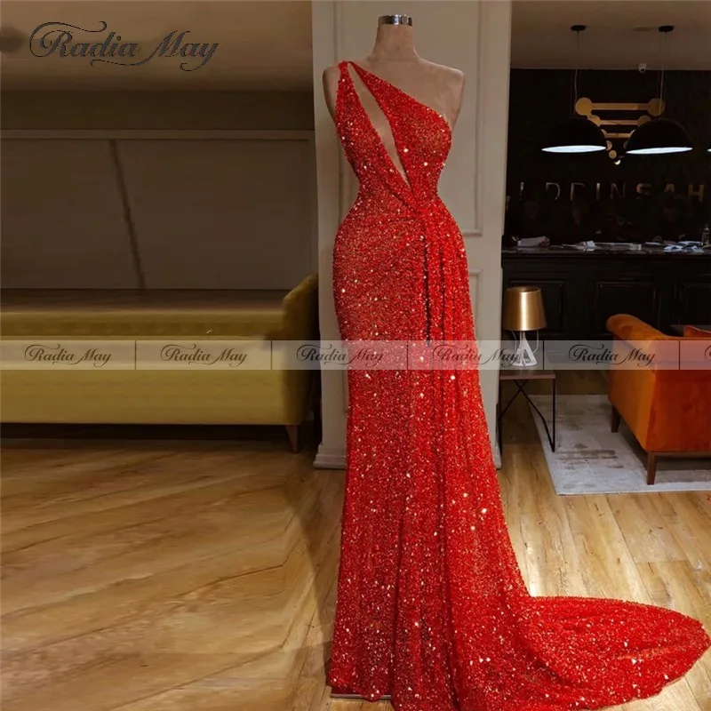 Best Price Sexy Een Schouder Mermaid Red Prom Dresses Met Split Glitter Pailletten Arabische Avondjurken Vrouwen Formele Jurk Dubai Abaya Kaftan