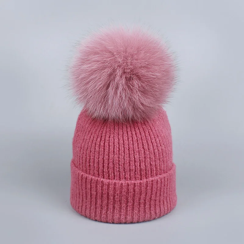 Parent-child Wool Knitted Scarf Hat Set With Real Fox Fur Pompons Women Girls Winter Warm Thick Crochet Hat Scarf 2 Pieces Sets - Color: O