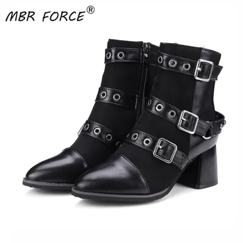 

MBR FORCE 2020 Winter Metal Buckle Ankel Boots Women Punk Female Platform Boots High Heels PU Women Boots Botas Mujer Plus Size