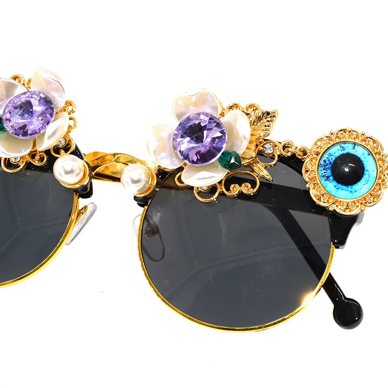 Handmade High Quality Luxury Rhinestone Sunglasses Women Flowers Party Beach Female Flower with Pearl Round Sun Glasses Shades