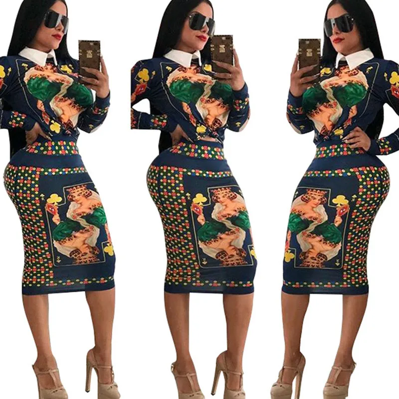 Покерное платье из двух частей с принтом женское отложным воротником и длинным