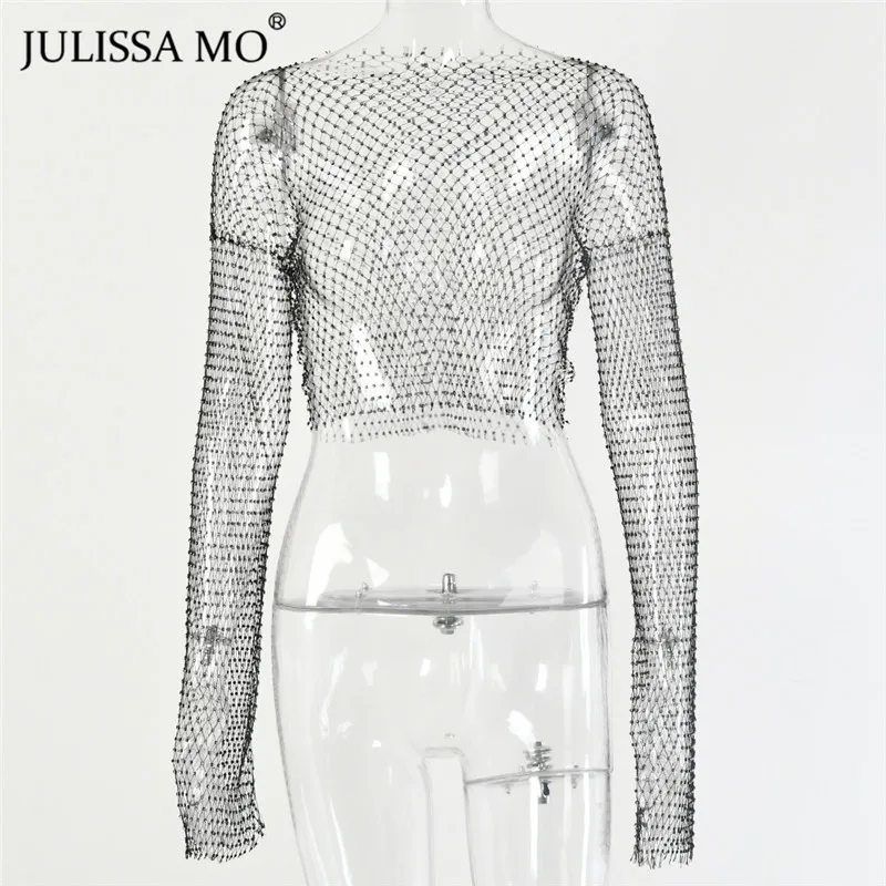 Черный Julissa mo, черные бриллианты, сетчатая укороченная футболка, женская сексуальная открытая футболка с длинным рукавом, осенняя мода, прозрачные вечерние рубашки - Цвет: Черный