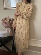 

Women's Spring Chiffon Casual Midi Dress Long Sleeve Elegant Floral Print Vestidos Femme Fashion Pleated Vintage Clothings