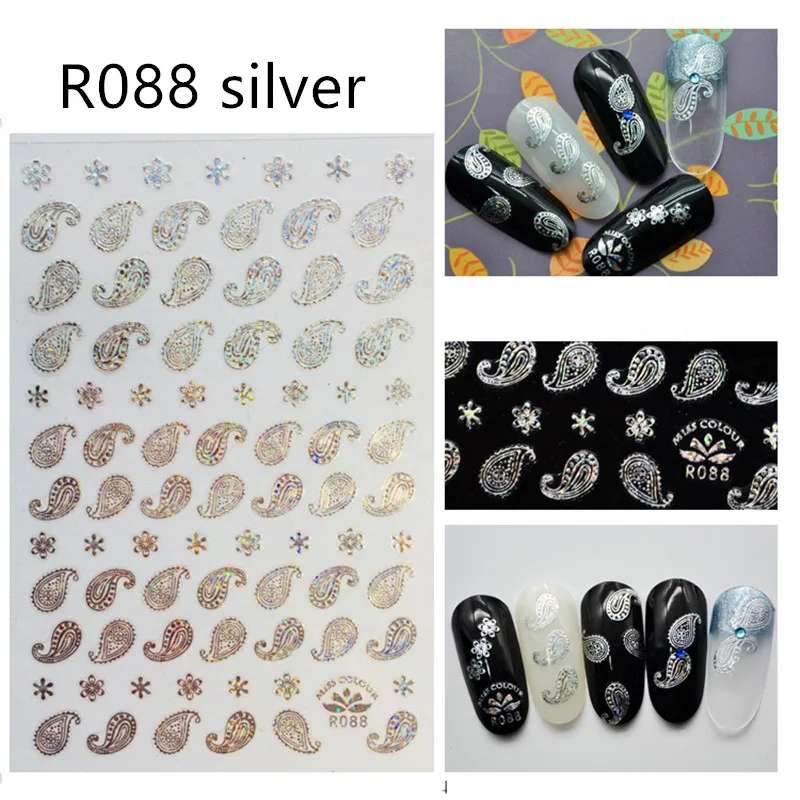 R088 silver 1 шт., 3D наклейки для ногтей, голографические золотые металлические переводные наклейки, наклейки для маникюра в виде листьев кокосовой пальмы, украшения для ногтей - Цвет: R088 silver