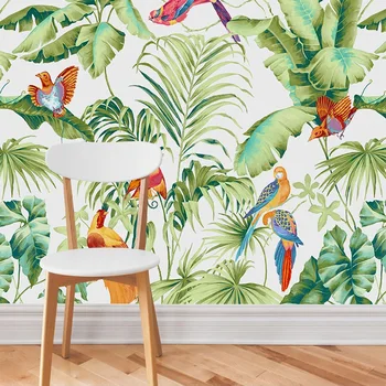 

Custom Mural Wallpaper Papel De Parede 3D Tropical Plant Green Leaves Flower Bird Living Room Interior Bedroom Wallpaper Modern