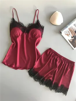 

Two Pieces Sexy Pajama Set Lace Women's Sleepwear V-Neck Cute Strap Pajamas Set Patchwork Summer Shorts Set Nightgowns Chest Pad