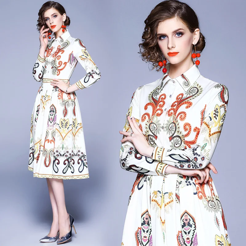 

2019 vintage runway designer dress women Elegant office ladies dresses Long sleeve female print white autumn midi party dress