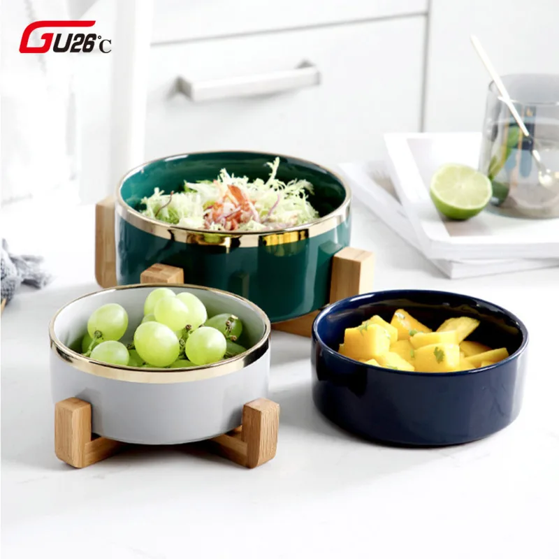 

400/650ml Large Creative Fruit Salad Bowl Dessert Plate Nordic Home With Wooden Foot Personality Green Blue Ceramic Plate