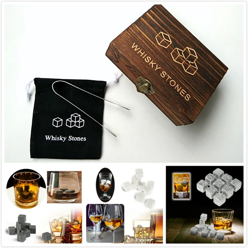 NHBR-Whiskey Stones with WORDS Wooden Box Whisky Rocks Stones Square Stone Wood Box