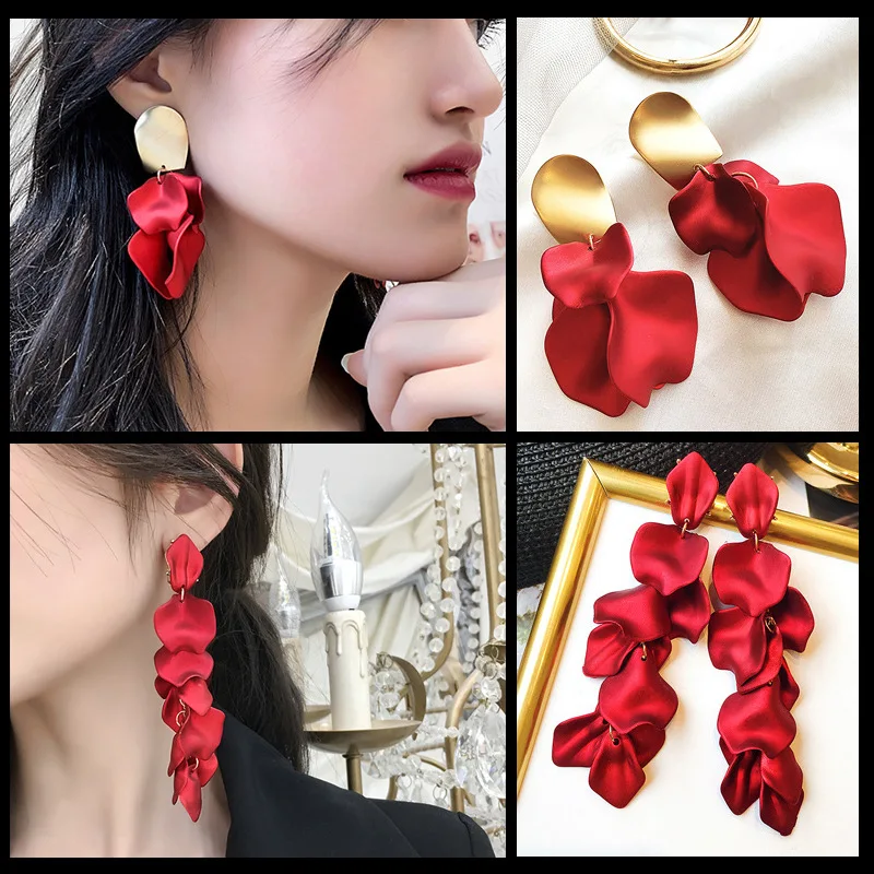Aretes de mujer, современный стиль, дизайн, большие красные лепестки роз, серьги с кисточками, тренд, темперамент, летние корейские серьги для женщин