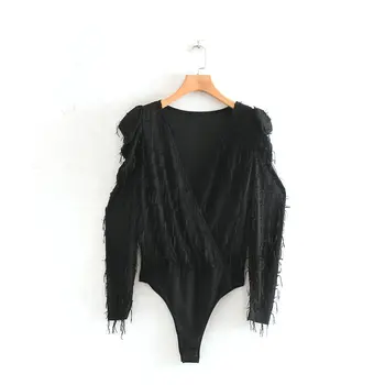 

New Women v neck tassel decoration slim bodysuits shirts women chic puff sleeve siamese blouse playsuits femininas blusas LS6101