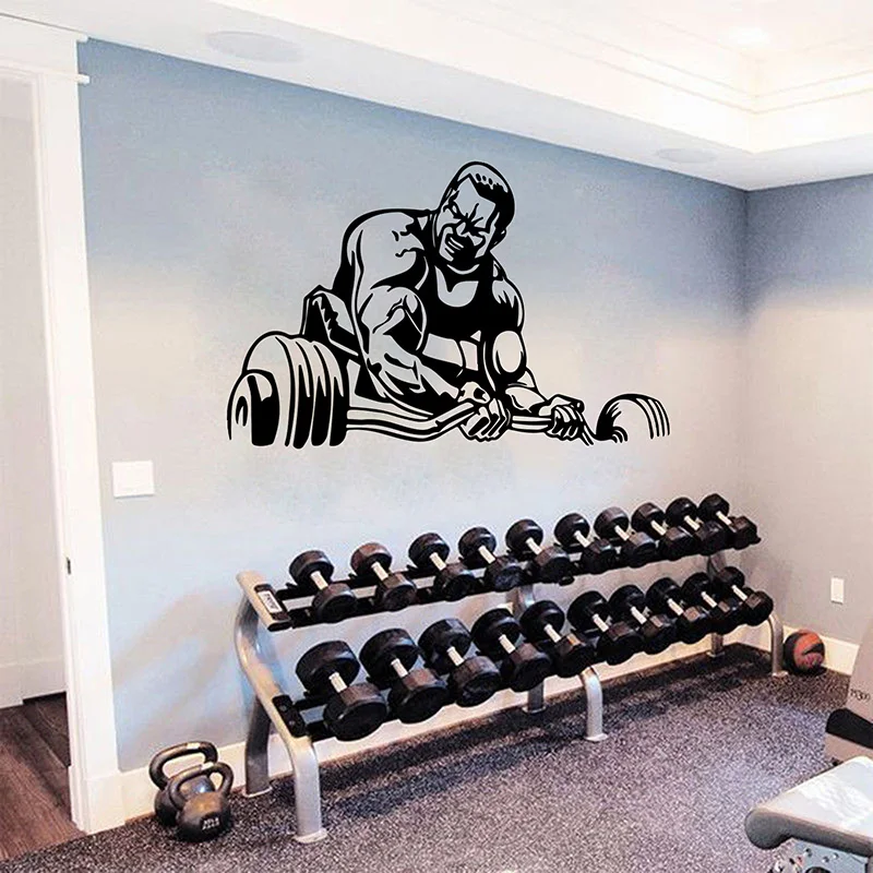Large Muscle Man Powerlifting Bodybuilding Gym Dumbbells Wall Sticker Crossfit Workout Exercise Gym Studio Wall Decal Man Cave  (2)
