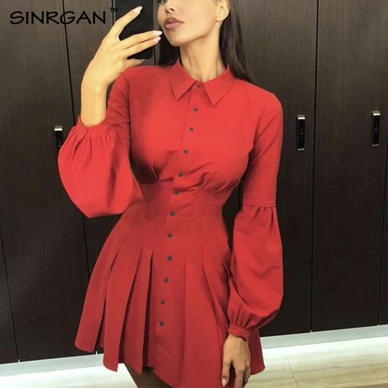 SINRGAN красное ретро платье-рубашка с отложным воротником на пуговицах плиссированные платья женские осенние мини-платья