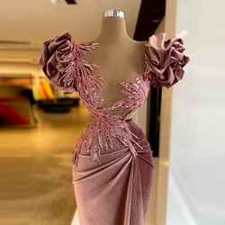 Elegant Velvet Evening Dresses Puffy Flower Sleeves   Ruffles Mermaid Sequins Long Women Plus Size Pageant   Prom Gowns
