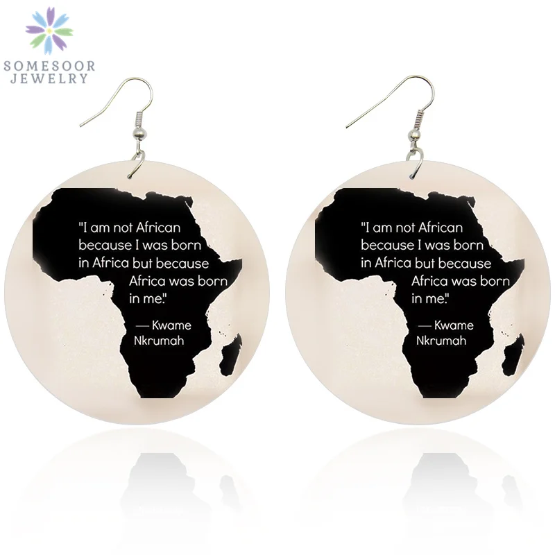Черные серьги подвески SOMESOOR Africa Born in me деревянные капельки с изображением Африканской карты висячие
