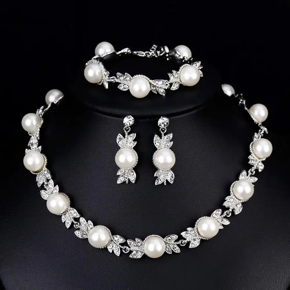 

Women Faux Pearl Rhinestone Necklace Stud Earrings Bracelet Jewelry Wedding New Chic