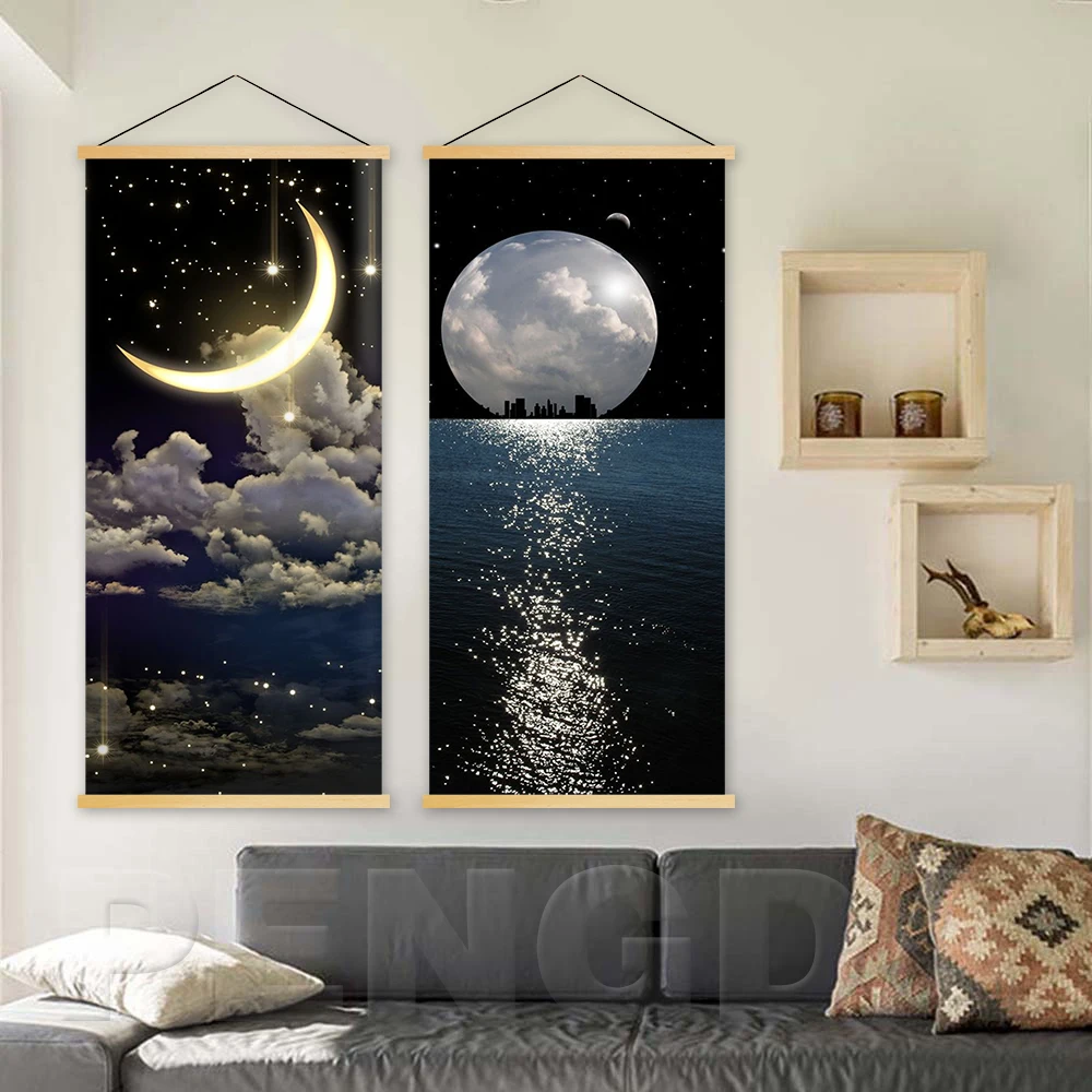 Home Decor Canvas Wall Artwork Hanging Painting Moon and Star Nightscape Modern Poster Printed Scroll For Living Room | Дом и сад