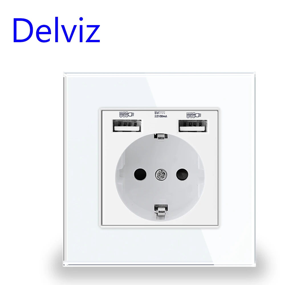 EU Standard Wall Power Outlet with Tempered Glass Panel and Dual USB Charging Ports