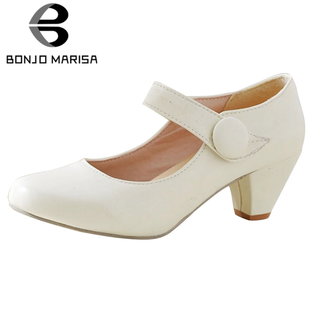 

BONJOMARISA New Classic Ladies Solid Round Toe Pumps Sweet Shallow Ankle Strap Pumps Women Casual Med Heels Date Shoes Woman