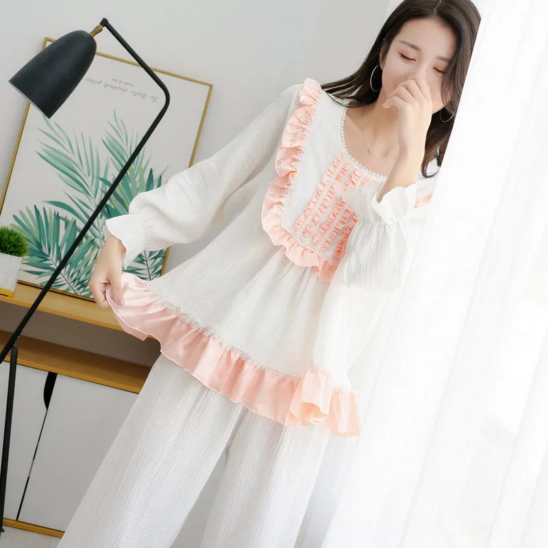 Симпатичные пижамные комплекты из 2 предметов; хлопковые пижамы для женщин; домашняя одежда для дворца с длинными рукавами и брюки; женская домашняя одежда с цветочным кружевом