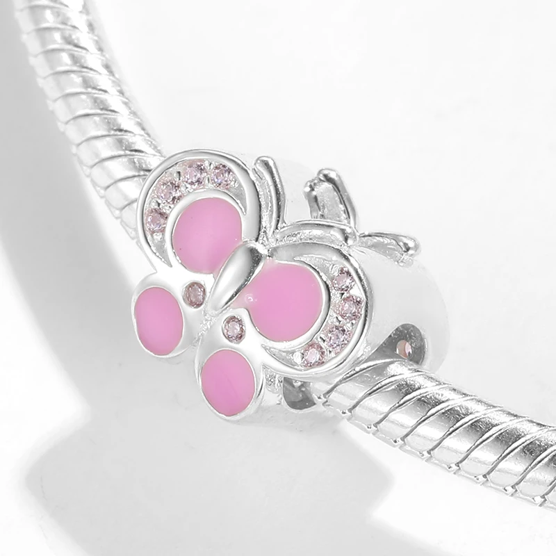Бабочка Фея стерлингового серебра 925 красивые розовые эмалевые бусины ювелирных изделий подходят для оригинальных женщин Pandora шарм браслеты DIY