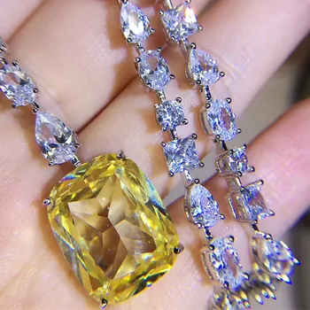 

New Fashion Women's yellow color cubic zircon square stone Geometric necklaces Ladies silver color party Fine Jewellery