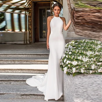 

Sexy Mermaid Wedding Dress Simple Halter Sleeveless Stain Wedding Gowns Elegant Backless Bride Dress Vestido De Noiva Sereia