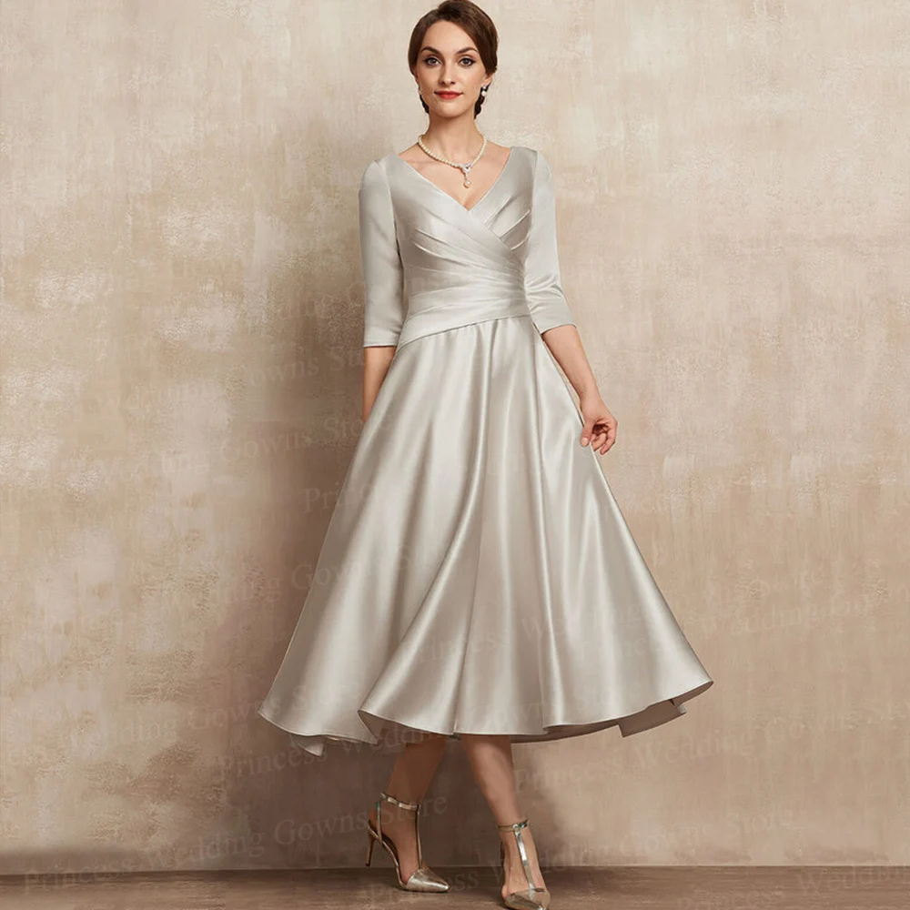 『Cheap!!!』- Elegant Wedding Dress For Bride Mother With Half Sleeves
Tea Length Satin Formal Woman Gown Bridegroom Vestido De Noche A Line