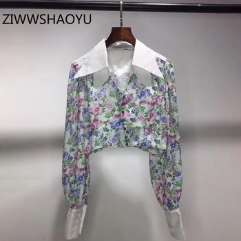 

ZIWWSHAOYU Autumn Female Long Sleeve Vintage Blouse Fashion Designer Women Multicolor Ditsy Floral Print V-Neck Short Shirt
