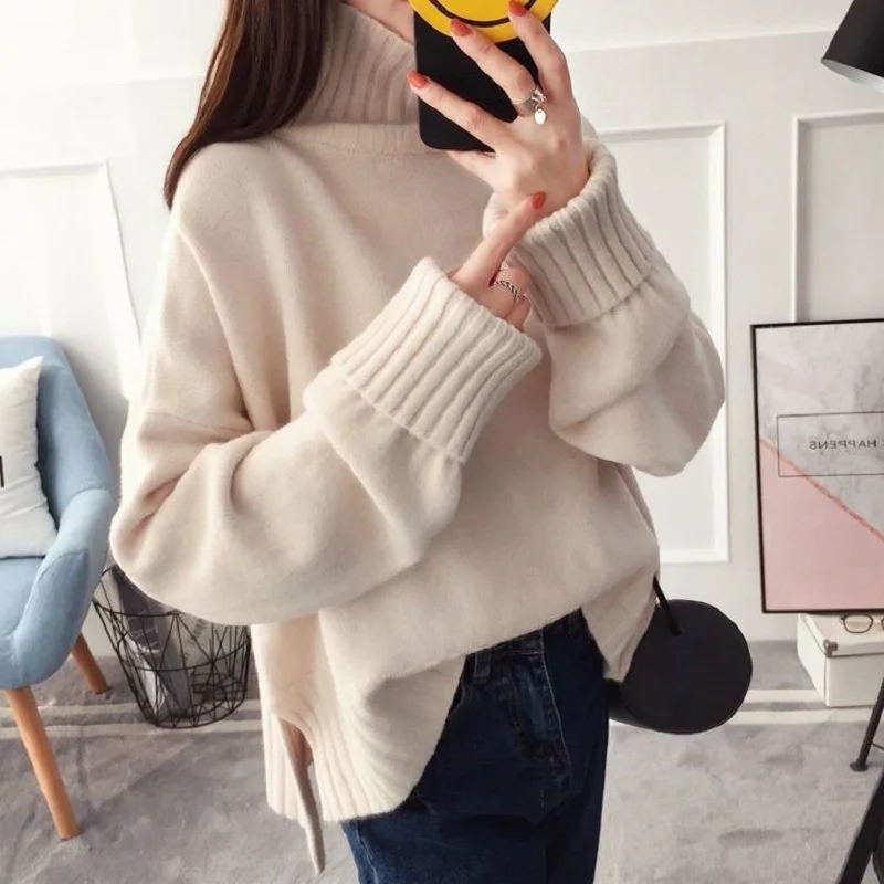 

Korean High Collar Thick Warm Beige Knitted Sweater Women Top Autumn Winter Plus Size Loose Knit Turtleneck Pullover Ladies Jump
