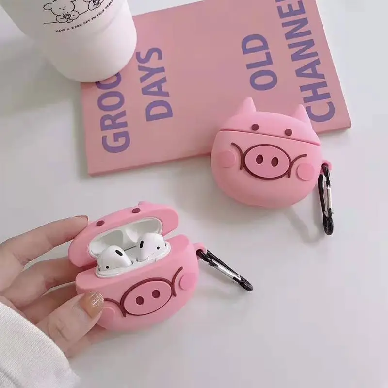 Pink Pig Pattern Protective Case Silicone Cover with Carabiner for Airpods 1/2 for smart watch