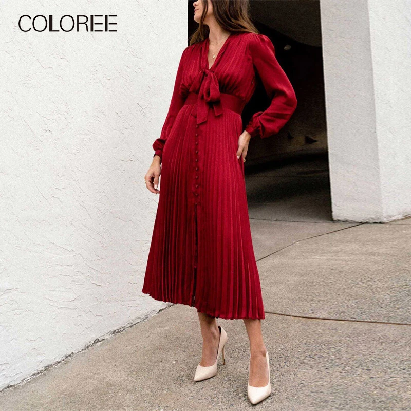 Женское винтажное атласное платье элегантное красное плиссированное миди