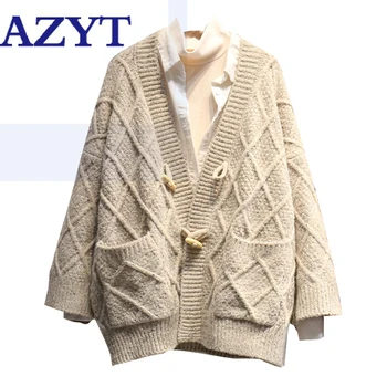 

Spring Korean Style Button Knitshirt Loose Sweater Jacket Vintage Loose Solid Female Sweater Cardigan V Neck Mid-Long Sweater