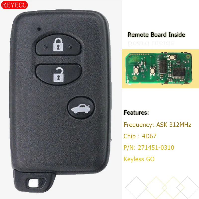 KEYECU 3B Smart Key ASK 312MHz 4D67-для Toyota Camry, Crown Mark X Majesta-P/N: 271451-0310 черный