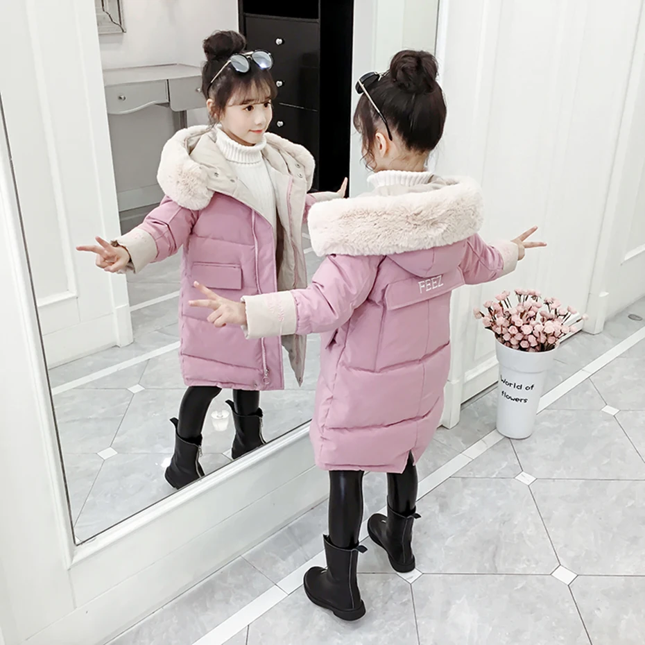 Пальто для девочек, длинное плотное пуховое пальто для девочек, пуховая куртка с вышитыми буквами, зимняя теплая детская одежда для девочек 6, 8, 10, 12, 14 лет