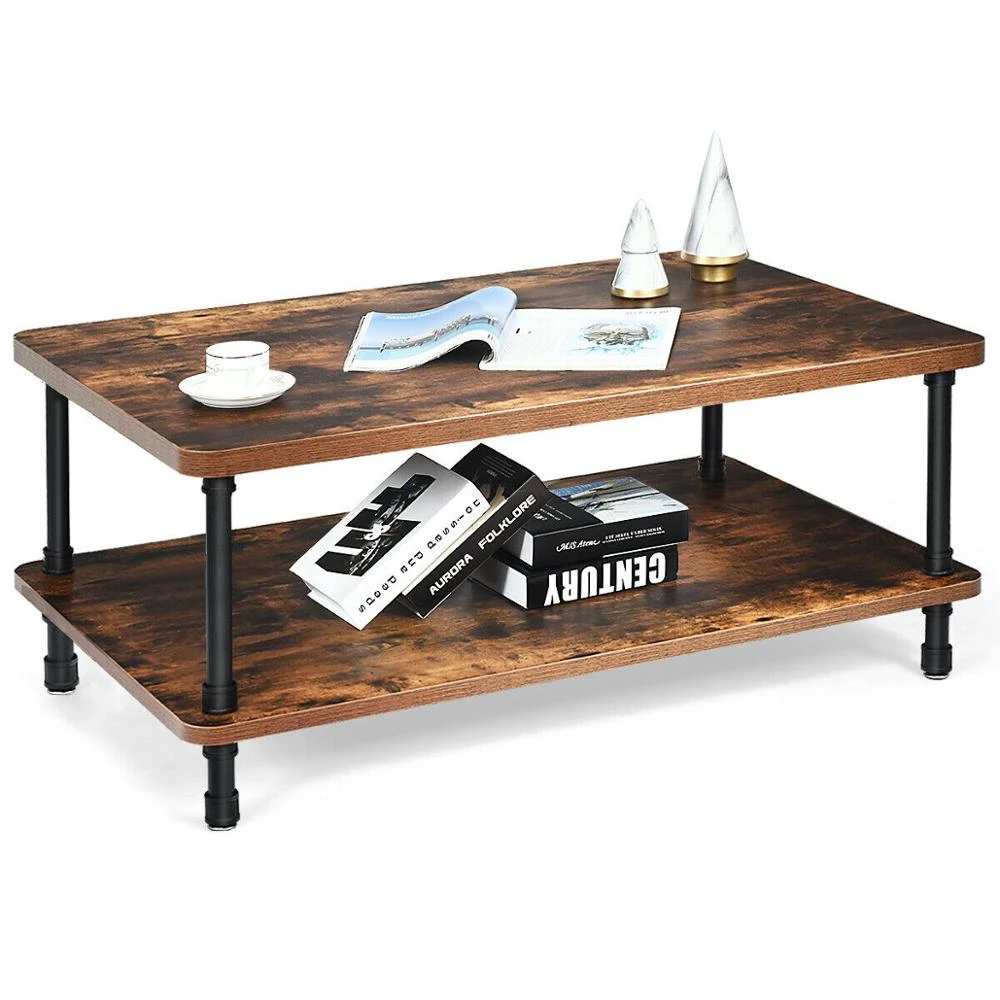 Industrial Coffee Table Rustic Accent Table Storage Shelf Living Room