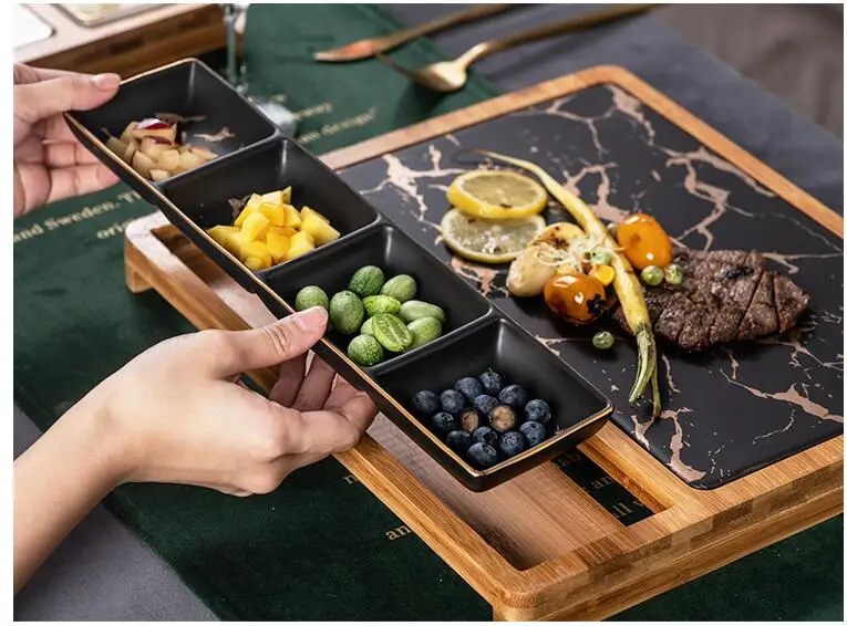 Imitation marble Western steak plate set creative snack dish pizza plate family restaurant ceramic tableware bamboo wooden tray