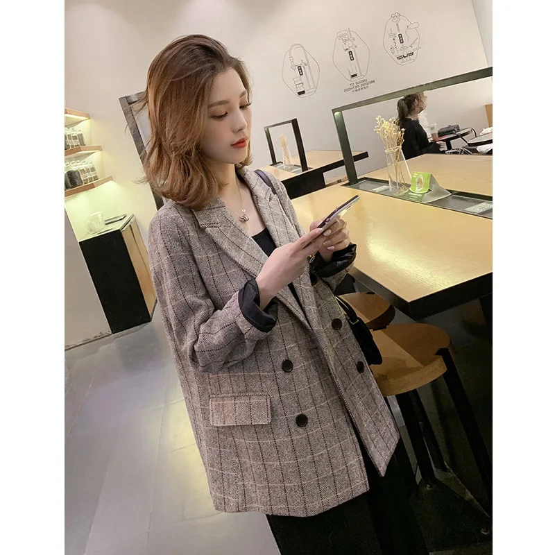 

2019 Spring New Style Retro British Style Double Breasted Grid Red Small Suit Women's CHIC Slim Fit Casual Coat