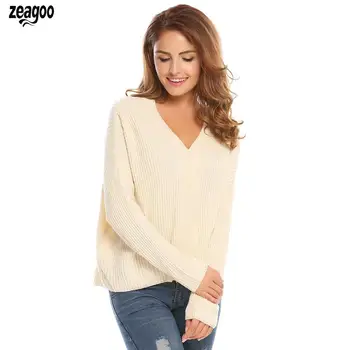 

Women Casual Long Sleeve Autumn V Neck Loose Knit Solid Pullover Tops Sweaters