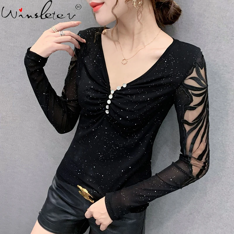 Spring Fall European Clothes T-Shirt Girls Fashion Sexy Shiny V-Neck Button Patchwork Mesh Women Tops All Match Tees New T11501A | Женская