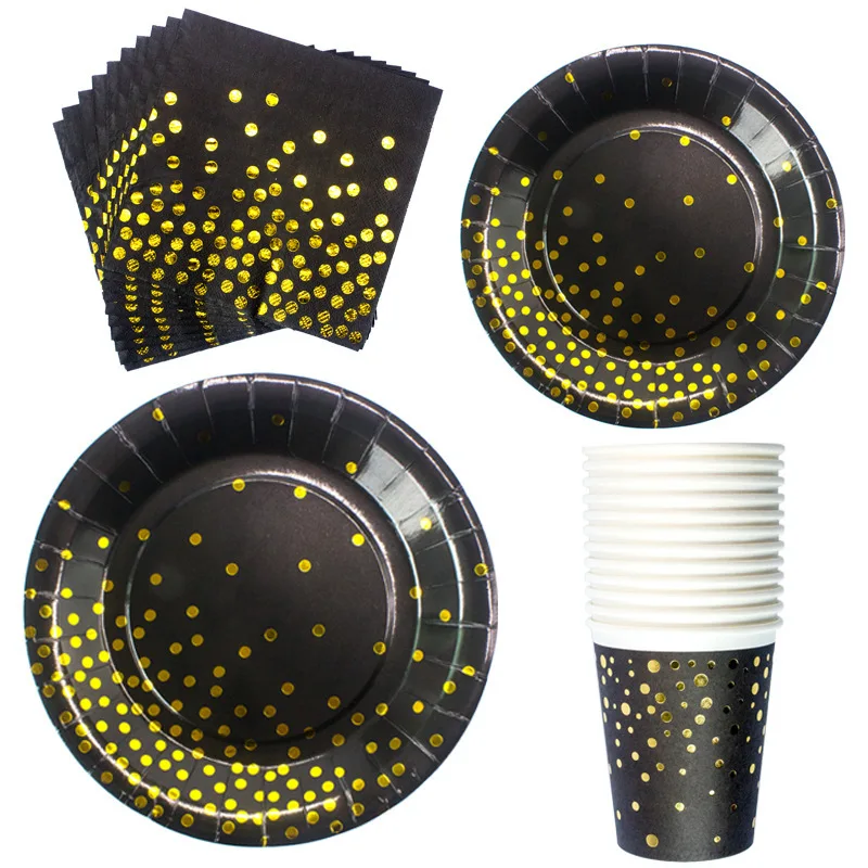 

Black Gold Theme Birthday Party Decorations Kids Disposable Tableware Set Napkins Cup Plate Carnival Decoration Party Supplies