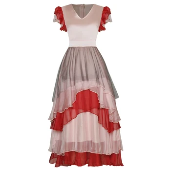 

Red RoosaRosee Sexy V-neck Ruffle Short Sleeve Color Hit Midi Cake Dress 2020 Summer Elegant Women Party Vestidos Robe Femme New