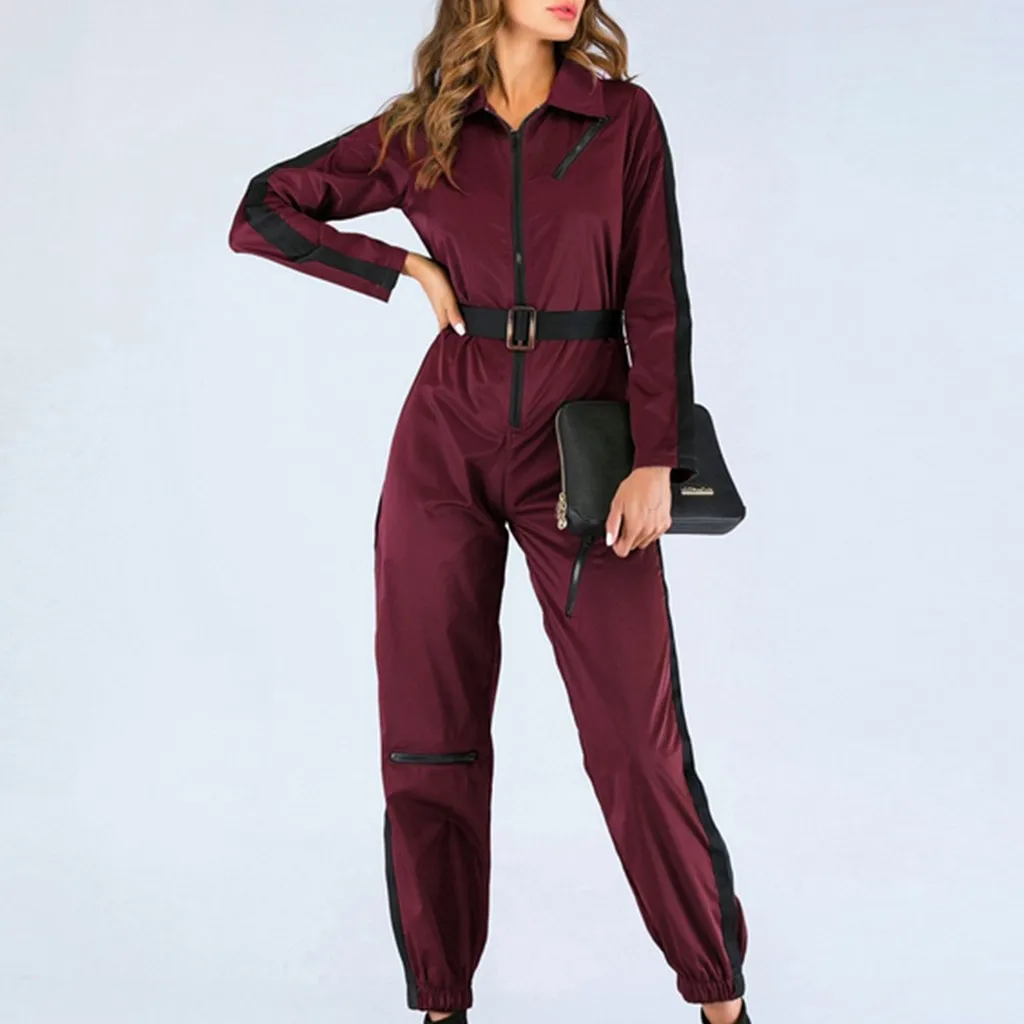 Womail осень женские Рабочие Комбинезоны сплошной цвет с длинным рукавом Круглый вырез на молнии ремень повседневные женские модные комбинезоны комбинезон