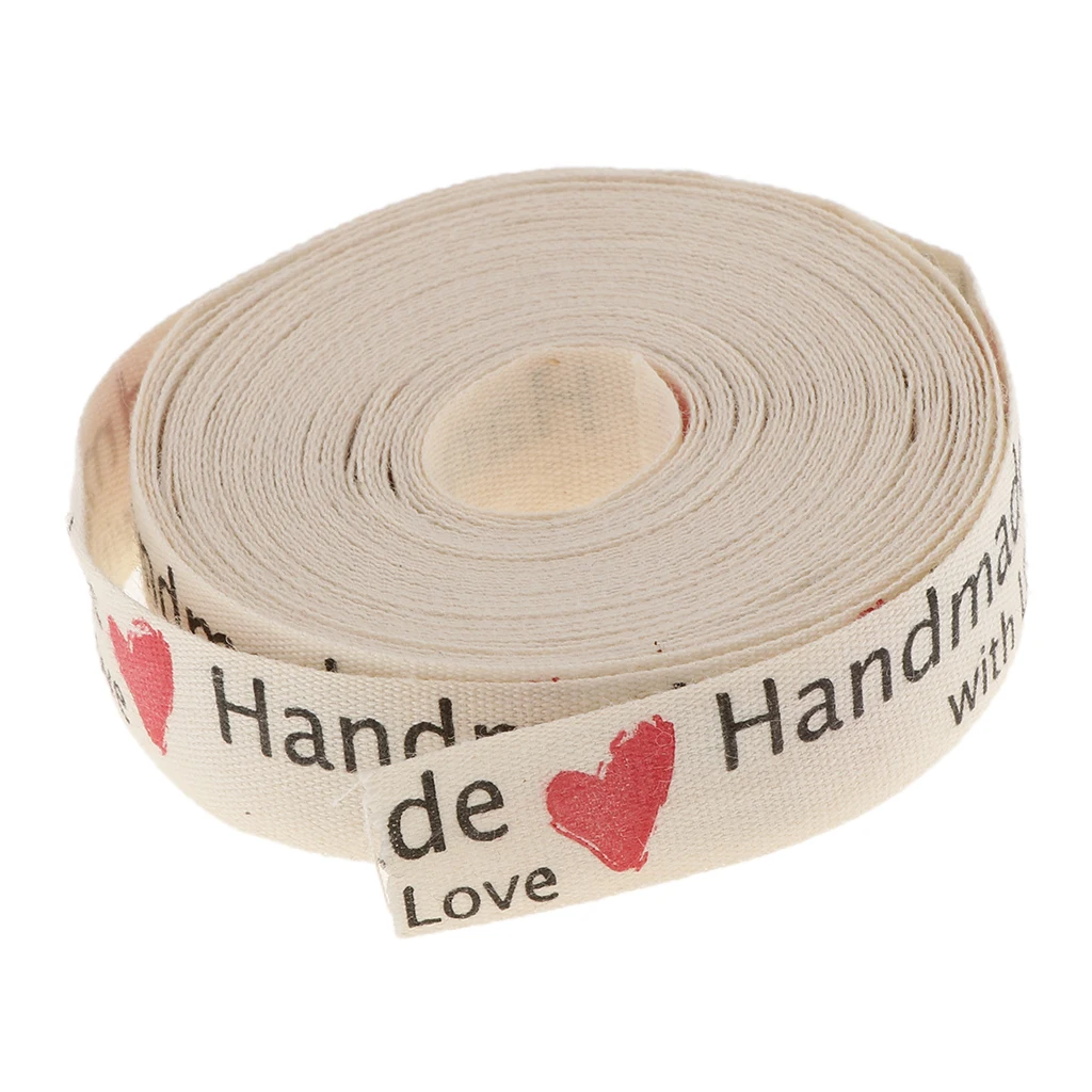 15mm 5 Yards Hand Made with Love Cotton Ribbon Belt Roll Gift Wrap DIY Sewing Accessories