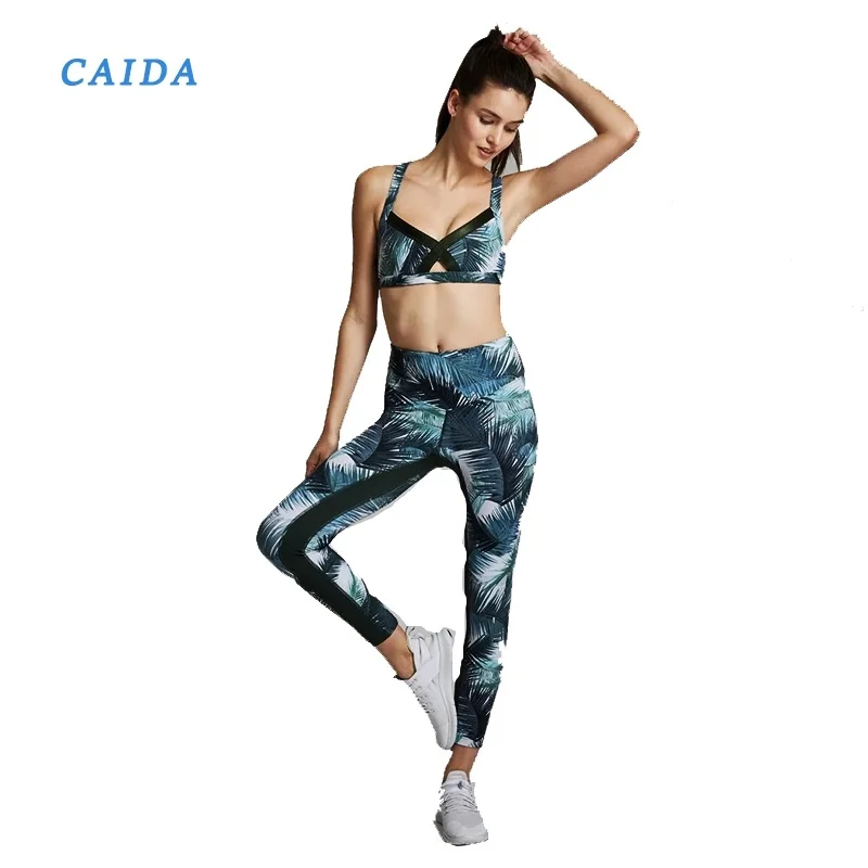 

CAIDA 1 Set Woman Jumpsuit Sportswear Yoga Set Fitness Clothing Gym Clothes Workout Print Suit Sports Wear Bra+Legging For Women