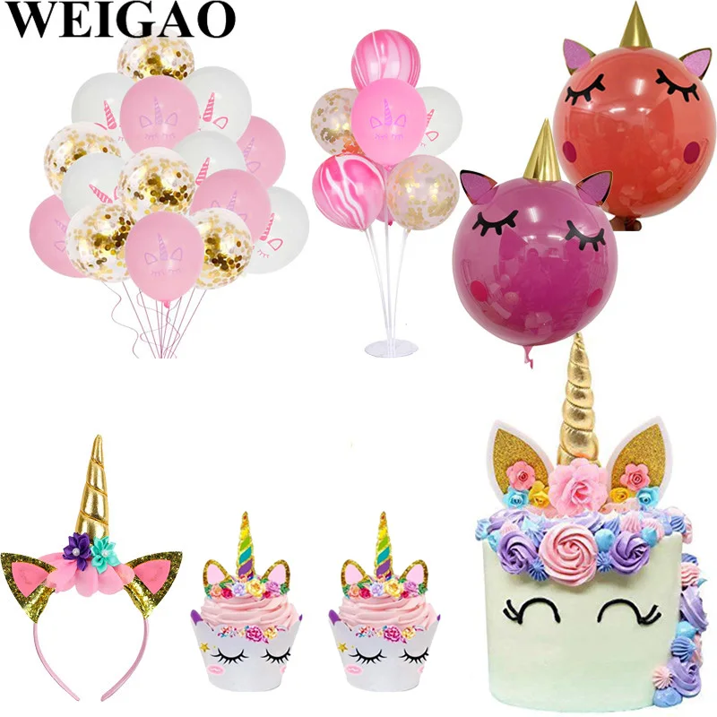 

WEIGAO Unicorn Party Accessories Rainbow Unicorn Balloons Latex Balloon Girl Birthday Party Decor Unicorn Headband Cake Toppers