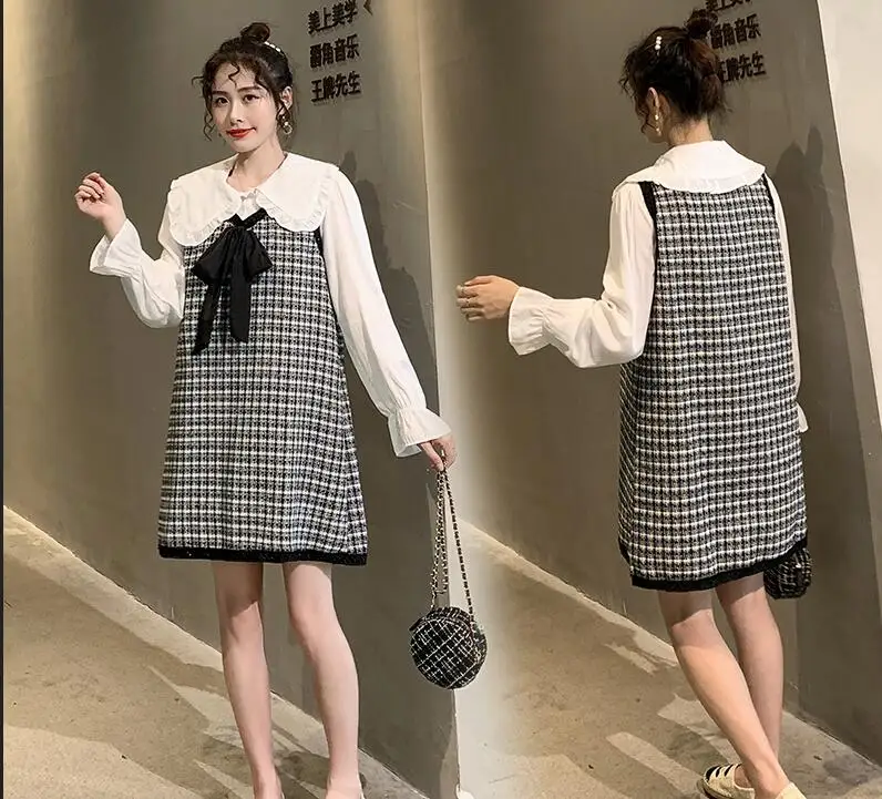 1232twinset Милое Платье для беременных женщин; костюмы; большие размеры; шифоновые рубашки с воротником-бабочкой+ шерстяной сарафан в клетку; костюм-двойка; строгий комплект одежды для беременных - Цвет: 1232twinset